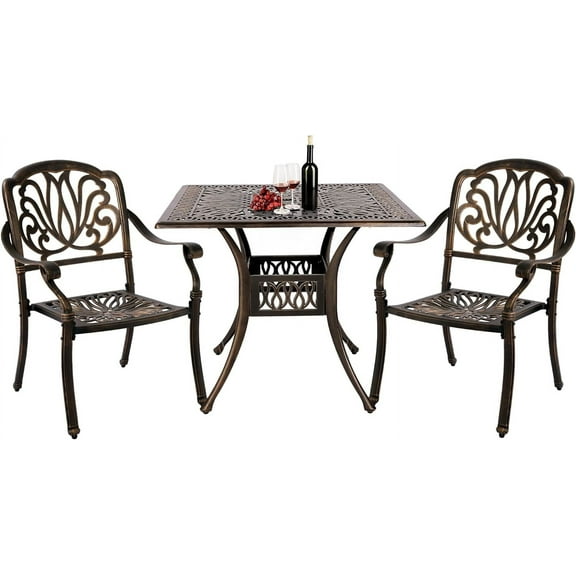 Haverchair 3 Piece Bistro Set Outdoor Cast Aluminum Patio Dining Set Table and Chairs Outside Bistro Furniture 2 Chairs and 1 Square Table for Lawn Garden
