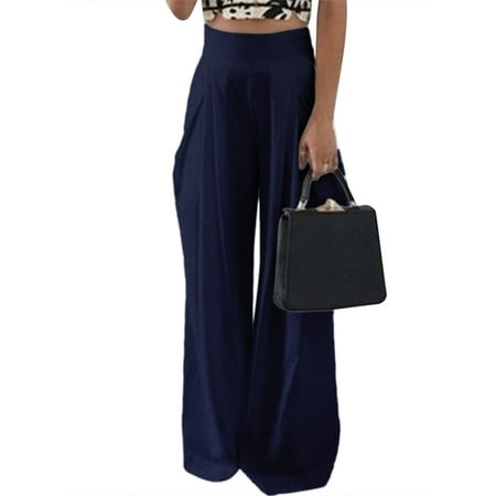 Blue Stretch Pants - Womens Chiffon High Waist Zip Up Solid Wide Leg Pants Trousers