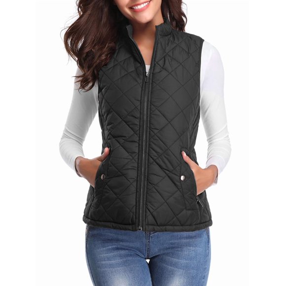 Women'S Quilted Vest Stand Collar Zip Padded Gilet Black S
