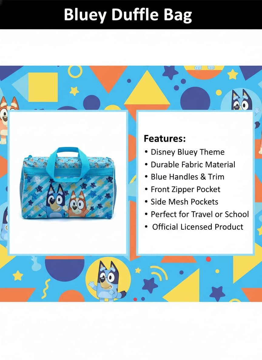 Bluey Kids Duffle Bag  Bluey & Bingo Travel Gym Bag with Adjustable Shoulder Strap, Mesh Side Pockets & Zipper Pocket