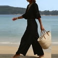thumbnail image 4 of Wide Leg Pants Women's Fashion Solid V-Neck Short Sleeve Beach Vacation Pockets Button Long Jumpsuit Black S, 4 of 9