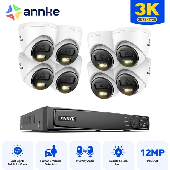 ANNKE H.265 3K POE Security Camera System, 16CH 12MP NVR and 8Pcs 3K Outdoor Turret Cameras, AI Human/Vehicle Detection, Smart Dual Light, Color Night Vision, 2.8mm Lens, Built-in Mic, IP67, NO HDD
