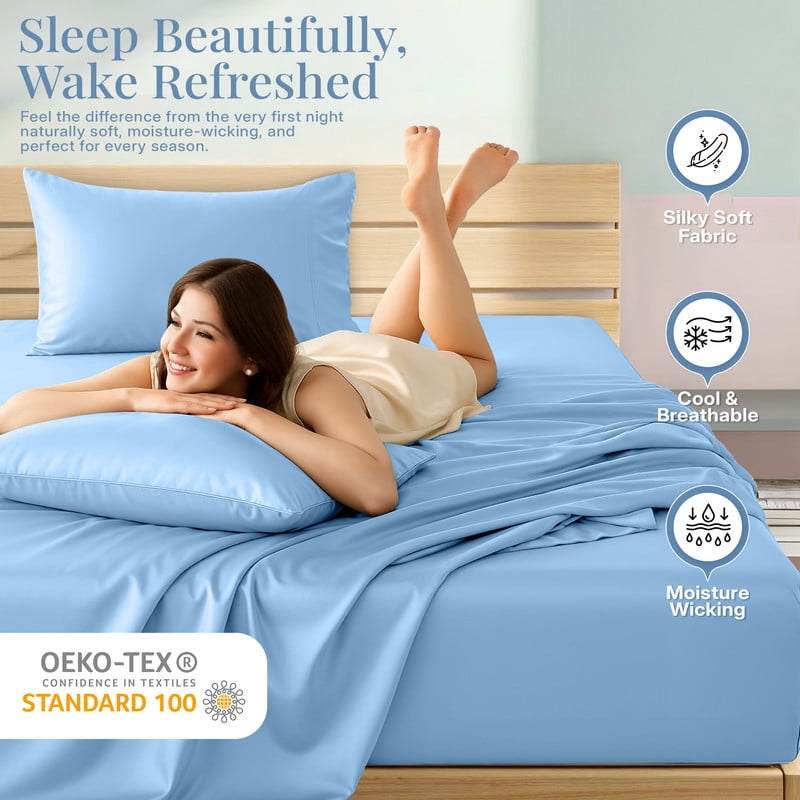 Lux Decor 100% Organic Viscose from Bamboo Sheets Set King Size - 4 Piece Ultra-Soft Luxury Cooling Bed Sheets, 16" Deep Pocket, Breathable & Hypoallergenic - Blue