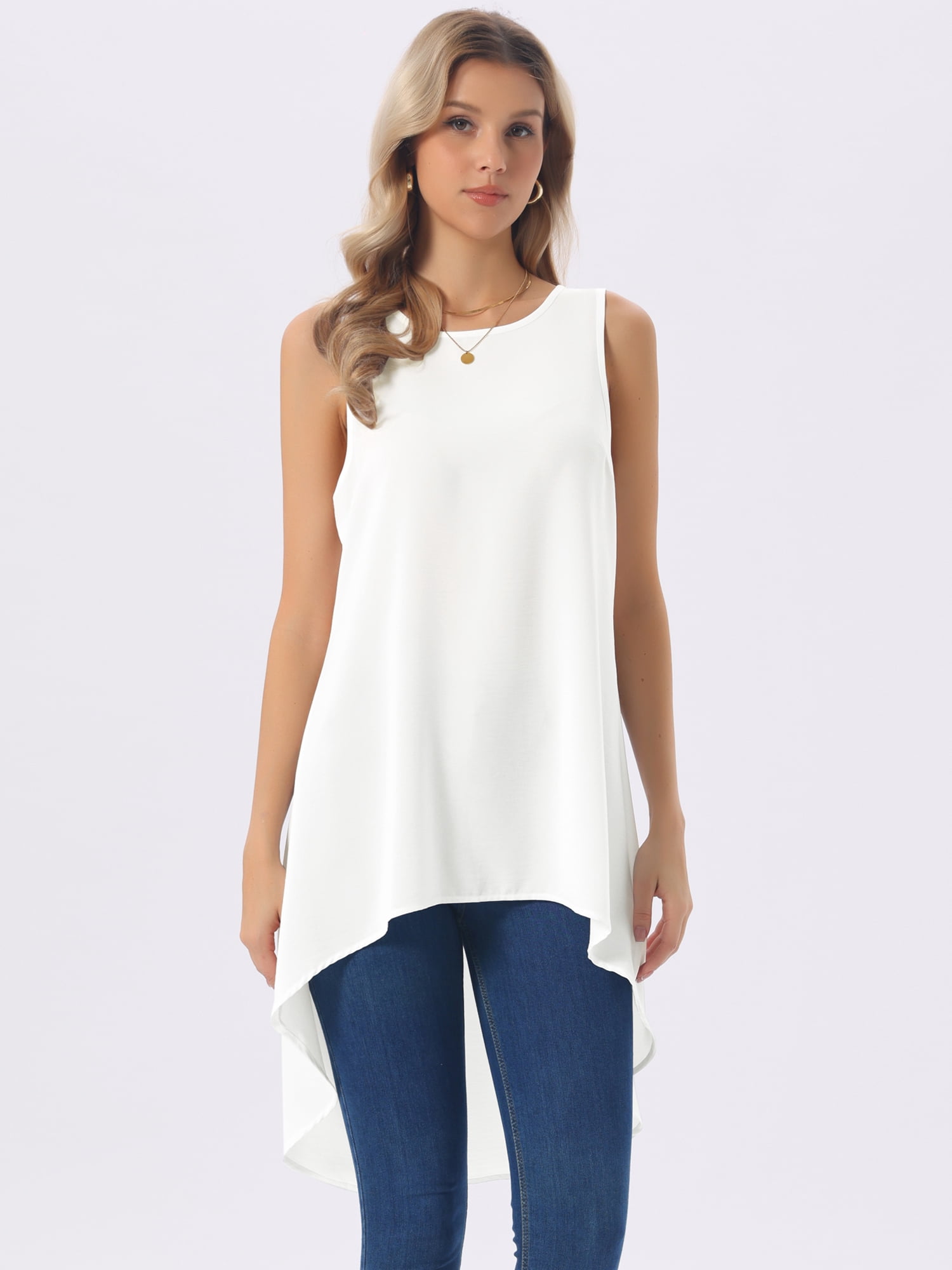DARING DIVA Women's High Low Sleeveless Crewneck Asymmetrical Blouse M White