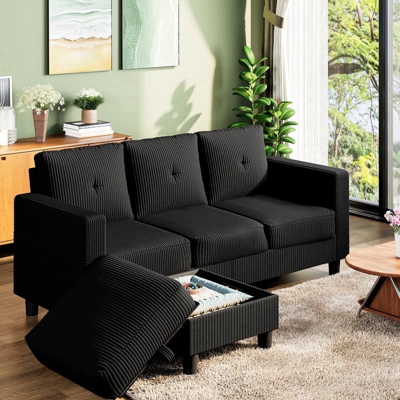 Walsunny 76.4" Convertible Sectional Sofa, L Shaped Sectional Sofa with Side Pocket, 3 Seat Sofa Couch with Storage Ottoman for Small Living Room, Apartment, Bedroom, Black