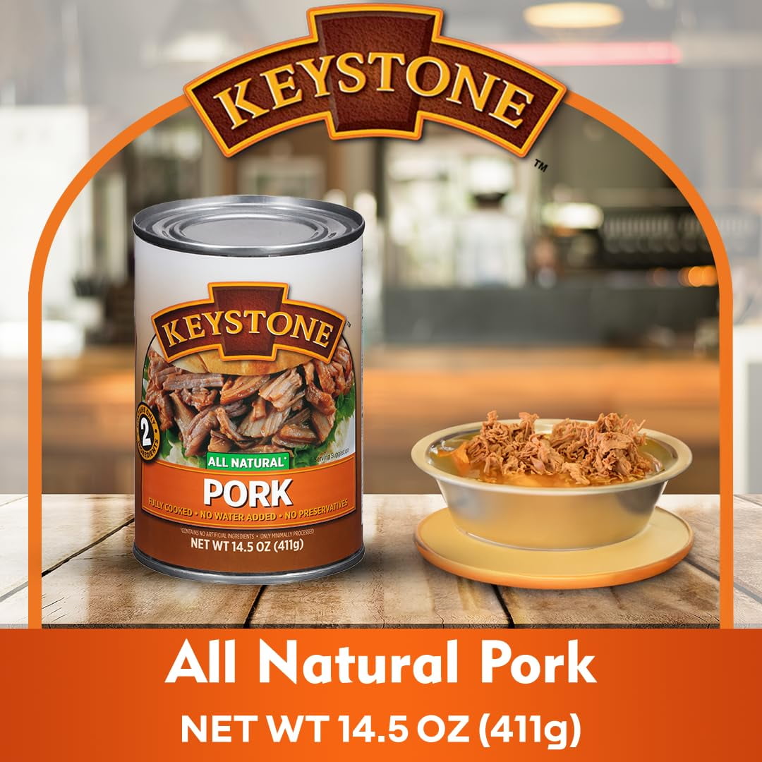 (Pack of 24) Keystone Meats All Natural Heat and Serve Canned Pork 14.5 Oz Fully Cooked Shelf Stable Canned Meat Emergency Survival Canned Food Ready to Eat No Preservatives Gluten Free Made in USA