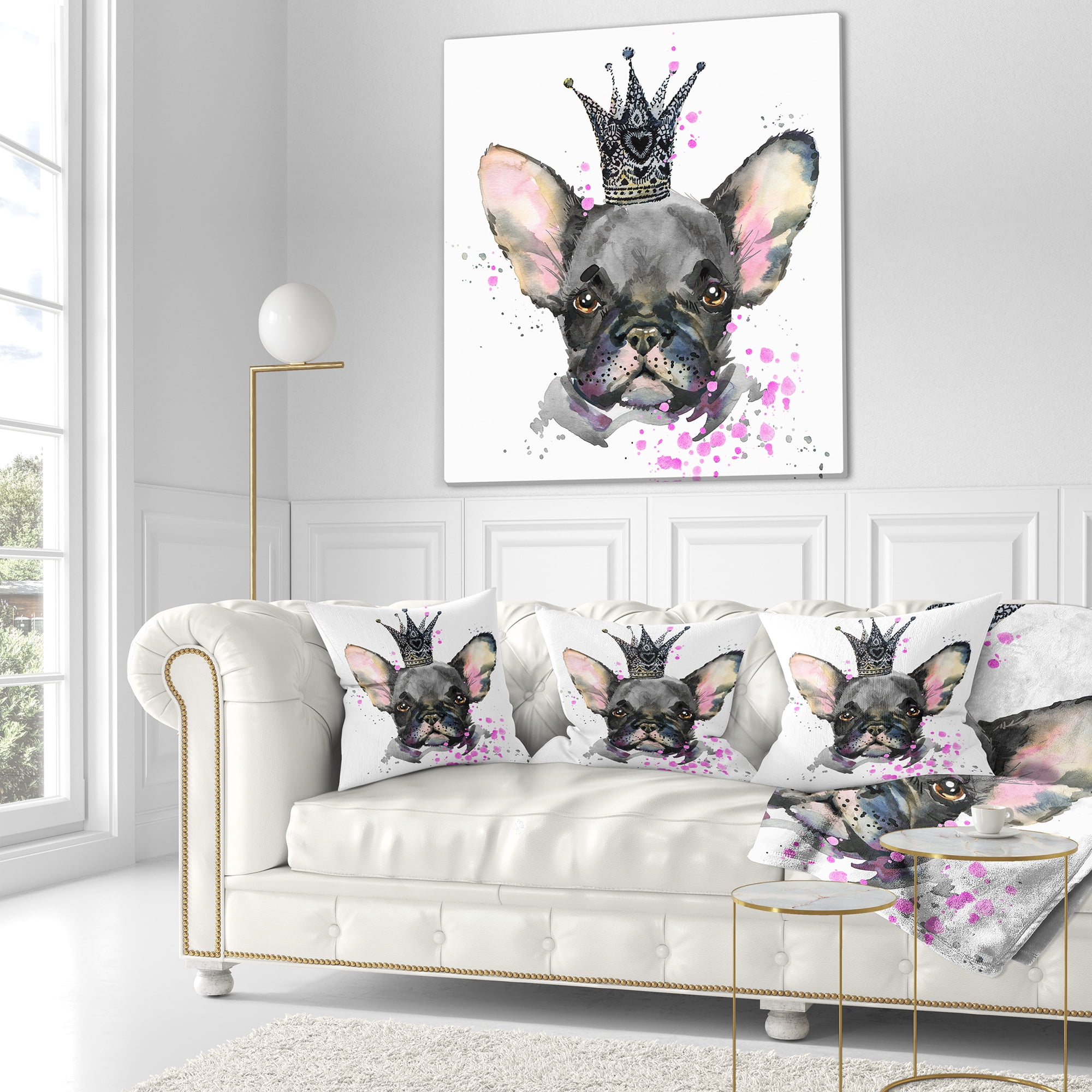 Designart Cute Black Dog with Crown - Animal Throw Pillow - 16x16