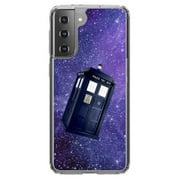 DistinctInk Clear Shockproof Hybrid Case for Galaxy S21 5G (6.2" Screen) - TPU Bumper, Acrylic Back, Tempered Glass Screen Protector - TARDIS Floating in Space