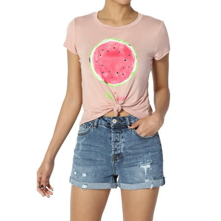 Soft Crop - TheMogan Junior's Watermelon Print Knot Front Soft Jersey Short Sleeve Cropped Tee