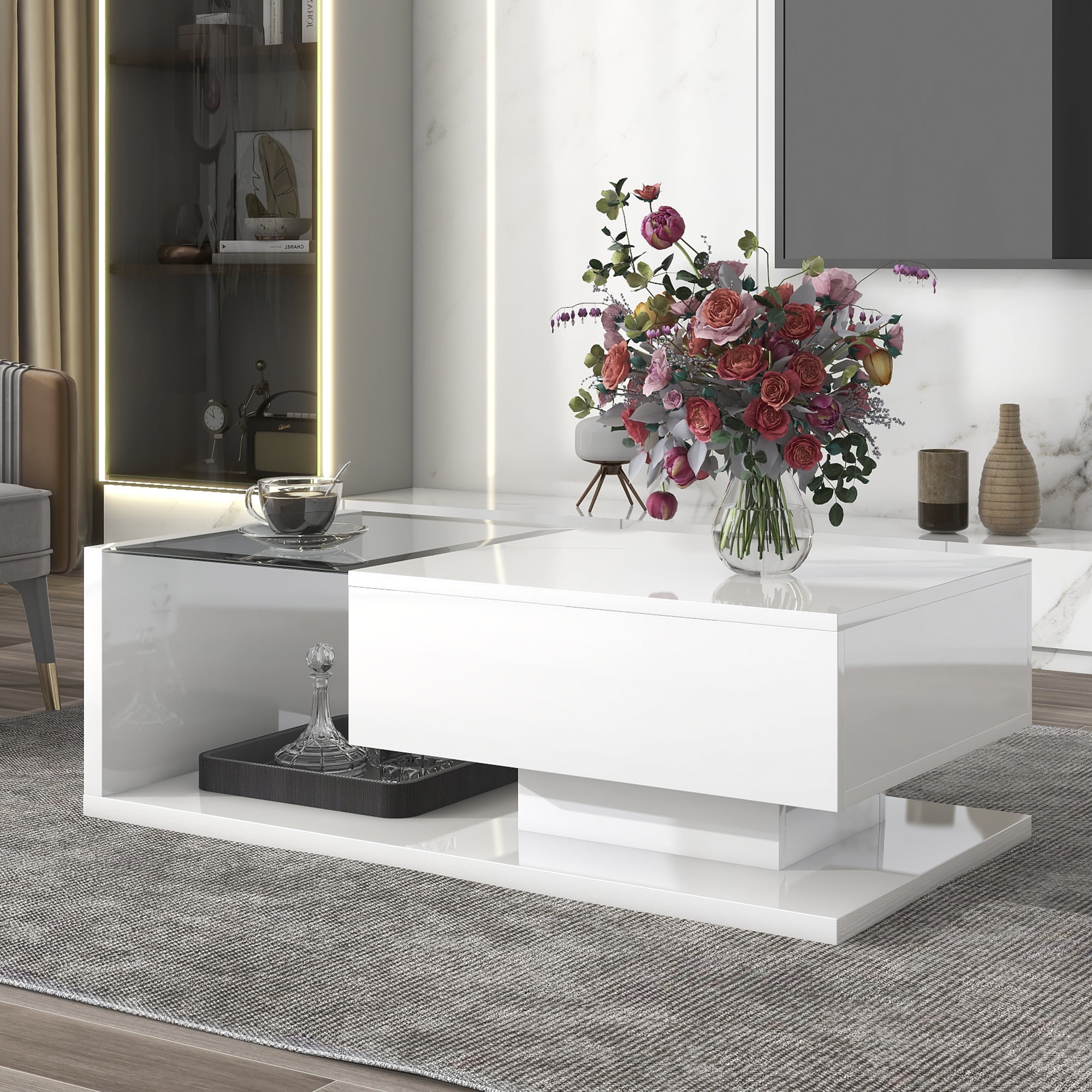 MAYEERTY Modern Coffee Table with Tempered Glass, Wooden Cocktail Table with High-Gloss UV Surface, 2-Tier Rectangle Center Table for Living Room, White