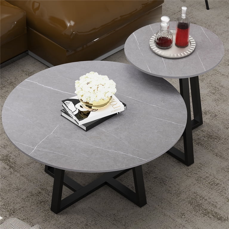 Round Nesting Coffee Tables Set Of 2 - Gray Marble Modern Side Tables