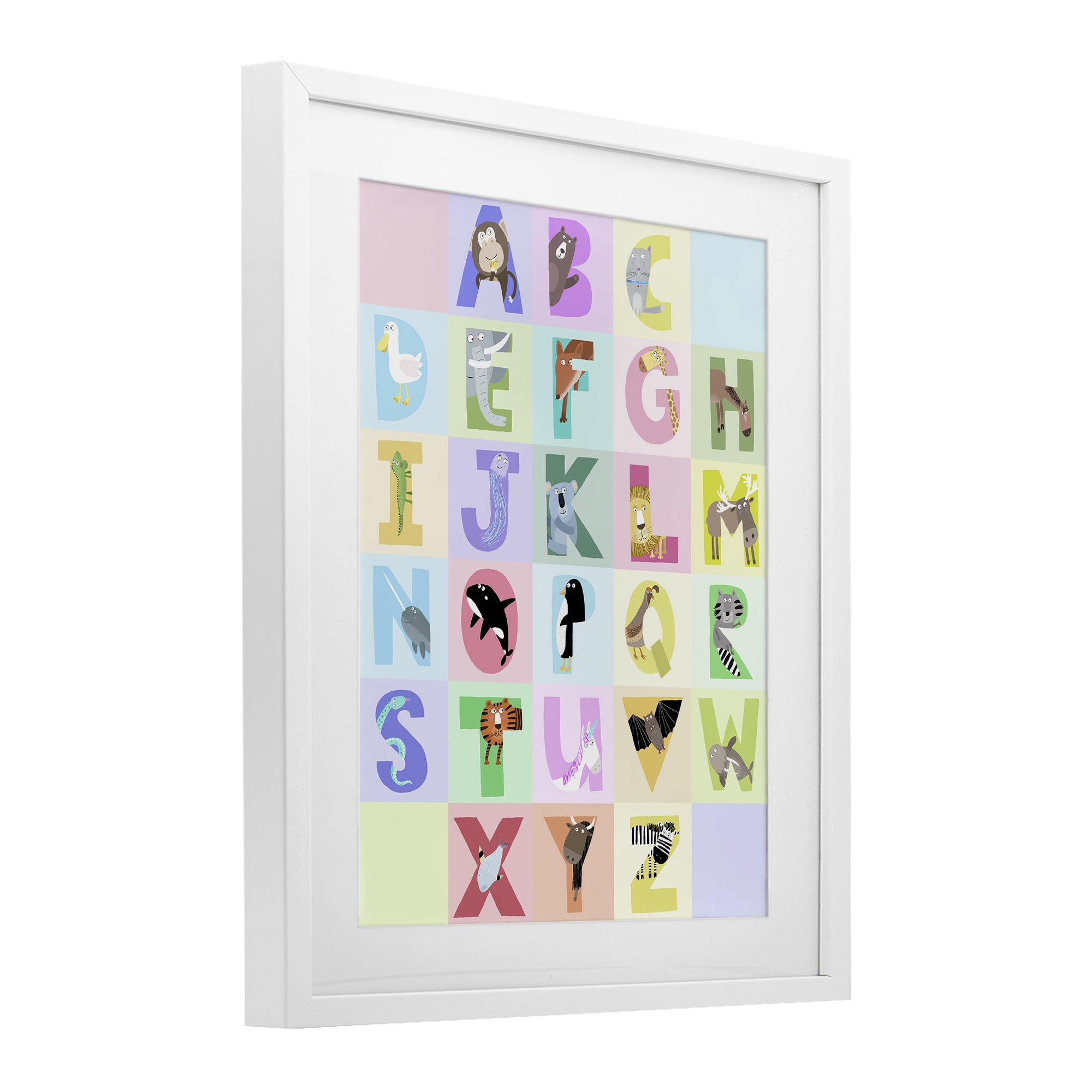 Stupell Industries Animal Alphabet in Pastels White Framed Print Under Glass, design by Carla Daly