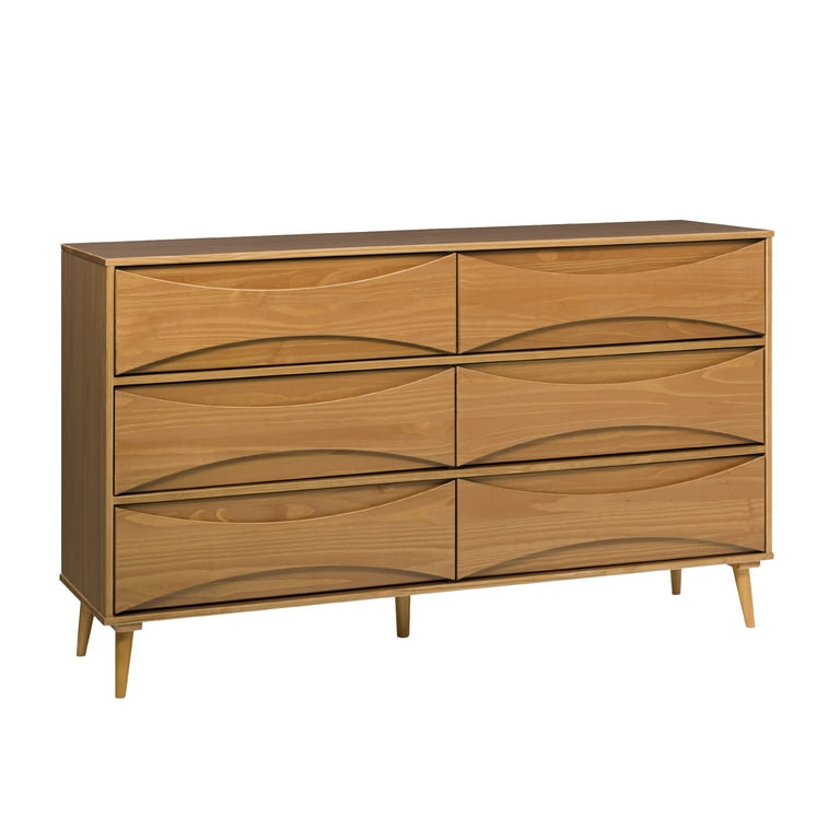 Walker Edison 58 Mid-Century Modern Curved Front 6-Drawer Dresser, Caramel