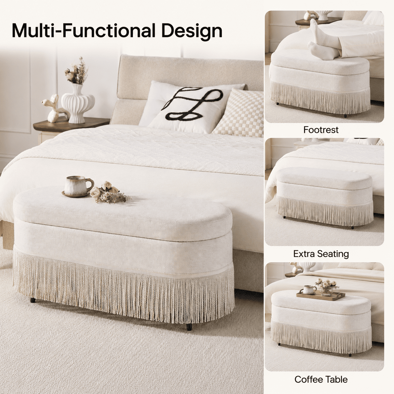Aukfa Oval Storage Ottoman Bench with Tassel Trim, Upholstered End of Bed Bench with Hidden Storage, Metal Legs,Beige