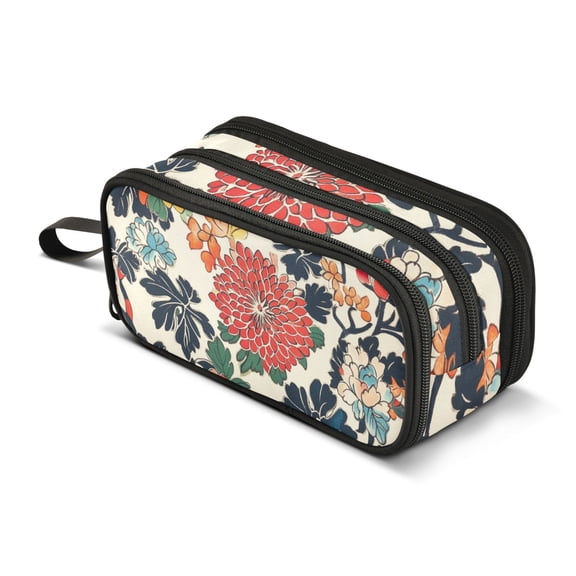FORMRS Pencil Case with 3 Compartments Zipper Pouch, Elementary School Level and up, Red Flowers Pattern