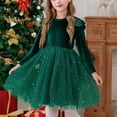 thumbnail image 4 of GigrtiJin Girls Velvet Dress Solid Color Crew Neck Ruffled Long Sleeve Glitter Tulle Lace Princess Dress Trendy Elegant Gown, 4 of 7
