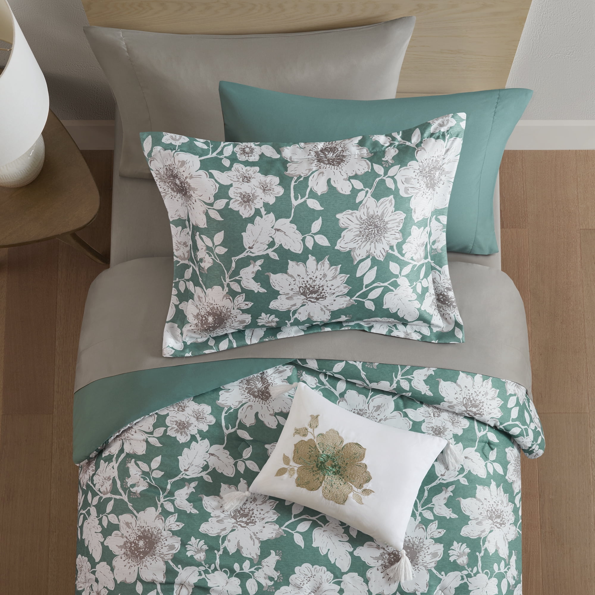 Mainstays All in One Reversible Comforter and Sheet set- 8 Piece, Twin, Green Floral