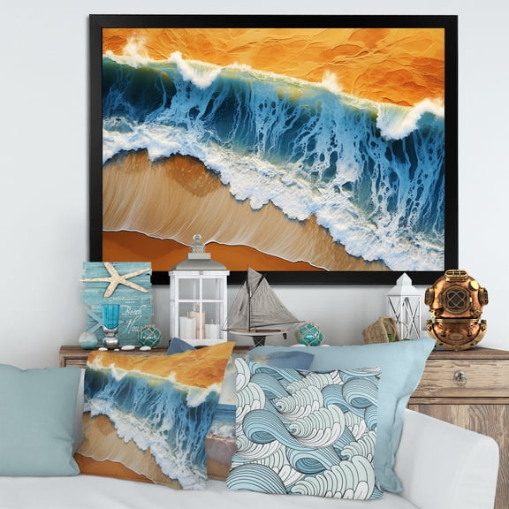 Designart "Aerial View of Beach in Blue and Orange I" Coastal Framed Wall Art Decor - Coastal Blue Coastal Beach Living Room Framed Canvas Art