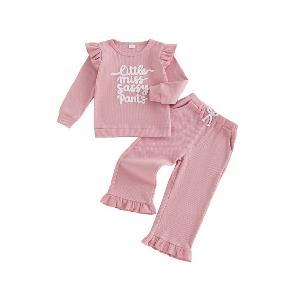Cjfdfy Toddler Baby Girl Spring Fall Winter Outfit Baby Girls Little Miss Sassy Pants Clothes Waffled Letter Embroidered Ruffled Trim Long Sleeve Crewneck Sweatshirt and Long Pants 2 Pcs Set