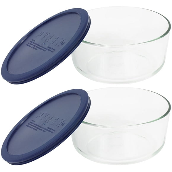 Pyrex Plat Rond de Rangement 4 Tasses avec Couvercle en Plastique Bleu Foncé, Transparent (Lot de 2 Contenants)