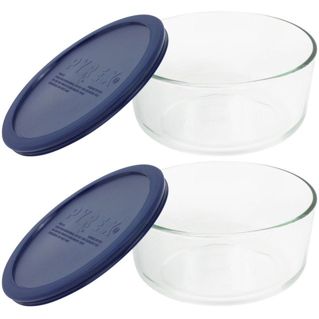 Pyrex Plat Rond de Rangement 4 Tasses avec Couvercle en Plastique Bleu Foncé, Transparent (Lot de 2 Contenants)