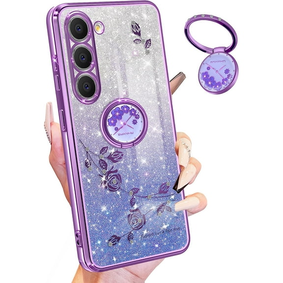 (3in1 for Samsung Galaxy S23 Case Glitter Sparkly for Women Girls Sparkle Girly Bling Shiny Phone Cover Cute Flowers Floral Design with Ring Pretty Purple Cases for S23 2023 6.1''