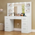 thumbnail image 3 of Large Makeup Vanity Desk with LED Lighted Mirror & Power Outlet, Vanity Table with 7 Drawers, 4 Shelves and 5 Hooks, Vanity Table, Vanity Desk for Bedroom, Living Room, White, 3 of 6
