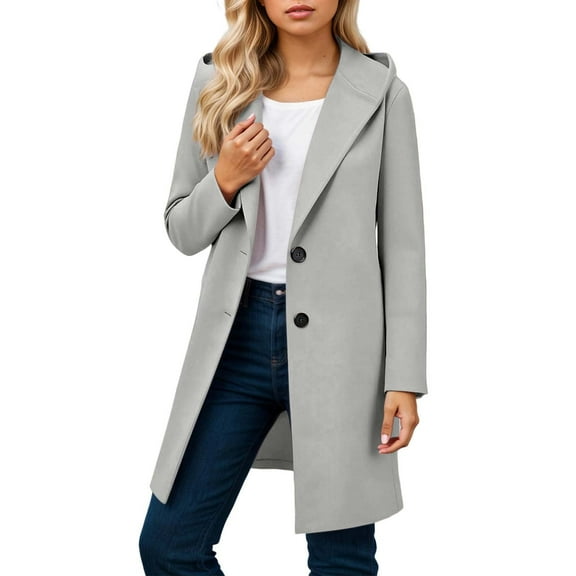 Arlun Womens Peacoat Winter Warm Long Sleeve Notch Lapel Mid Long Trench Coats Wool Blend Open Front Solid Color Soft Comfy Work Casual Wear Hooded Overcoat Light Gray XL