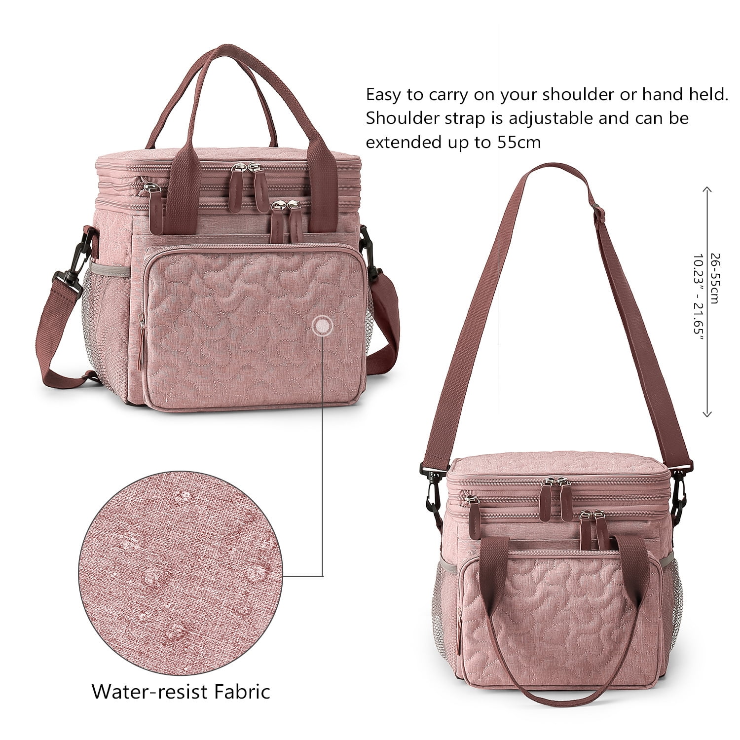 Insulated Lunch Bag Lunch Box Expandable Double Deck Cooler Bag Leakproof Side Tissue Pocket, Adjustable Shoulder Strap for Picnic Camping Hiking School Work, Pink