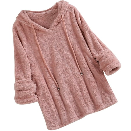 

Plus Size Autumn Winter Women Long Sleeve Hooded Plush Fluffy Hoodies Fleece Pullover Pajama Loose Hoodie Top
