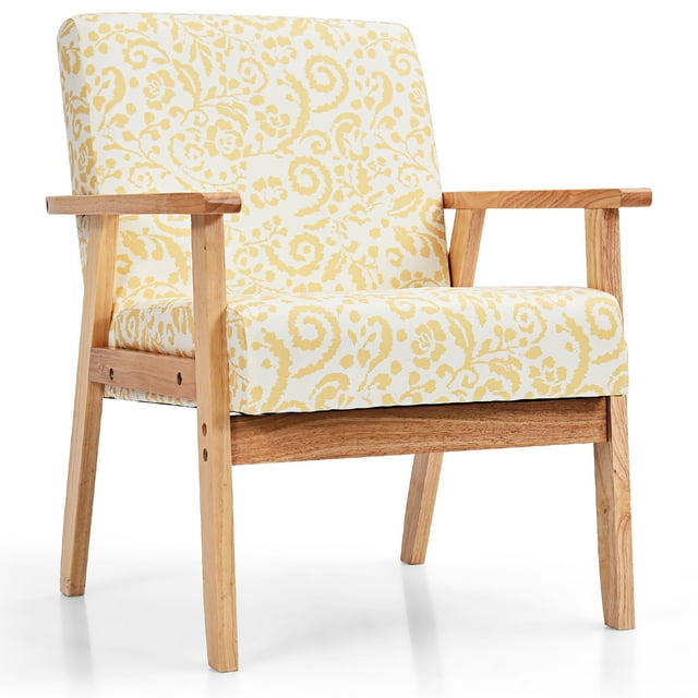 Costway Modern Accent Armchair Upholstered Lounge Chair with rubber wood legs in a yellow floral pattern. The chair features a wide backrest, thick cushion with high-quality sponge padding, and breathable linen upholstery for comfort. The solid wood frame and rubber wood armrests provide durability and ergonomic support. Suitable for living rooms, studies, or balconies, it measures 25'' x 26.5'' x 32'' (63.5cm x 67.3cm x 81.3cm) and supports up to 265 lbs.