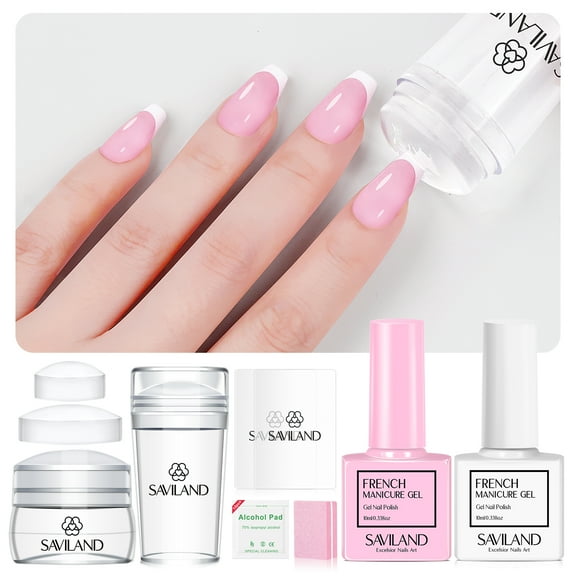 Saviland French Tip Nail Stamp - 10PCS French Tip Nail Tool with White and Pink French Gel Nail Polish, Replaceable Stamper Head French Nail Stamper and Scraper for French Nails