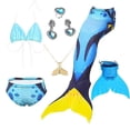 thumbnail image 3 of Traje de baño de cola de sirena para niñas y niños, 5 piezas, collar, sombrero para el sol, disfraz de anime para Halloween, 130, sin juego de aletas 17, 3 of 3