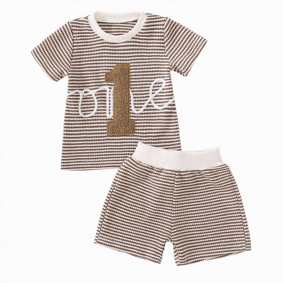 Hessimy Toddler Boy Back To School Outfits Embroidery Short Sleeve T-shirt Shorts First of Day Kindergarten Clothes(Brown,12-18 Months)