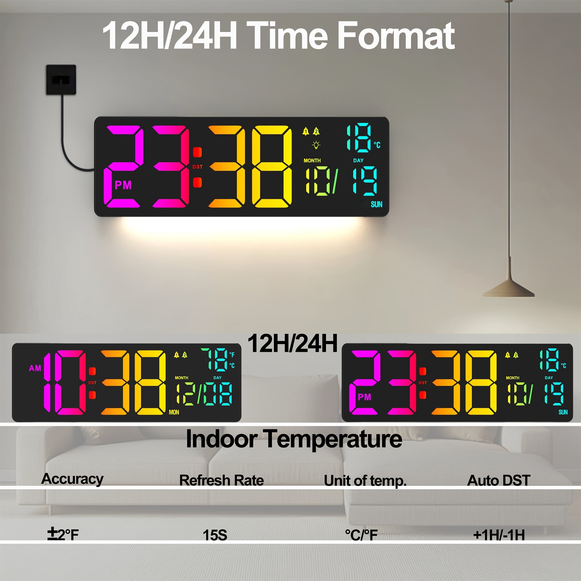 Large Digital Alarm Wall Clock with Remote, Calendar, Temp/Humidity, Timer, 11 RGB Colors for Bedroom, Office, Gift