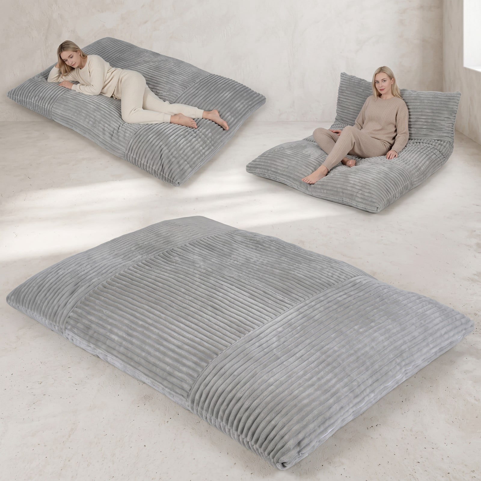 Furnibear Convertible Bean Bag Floor Sofa, Corduroy Machine-Washable Cover Shredded Foam Lounger Bean Bag Bed for Living Room Gaming Reading Dorm Naps, Gray