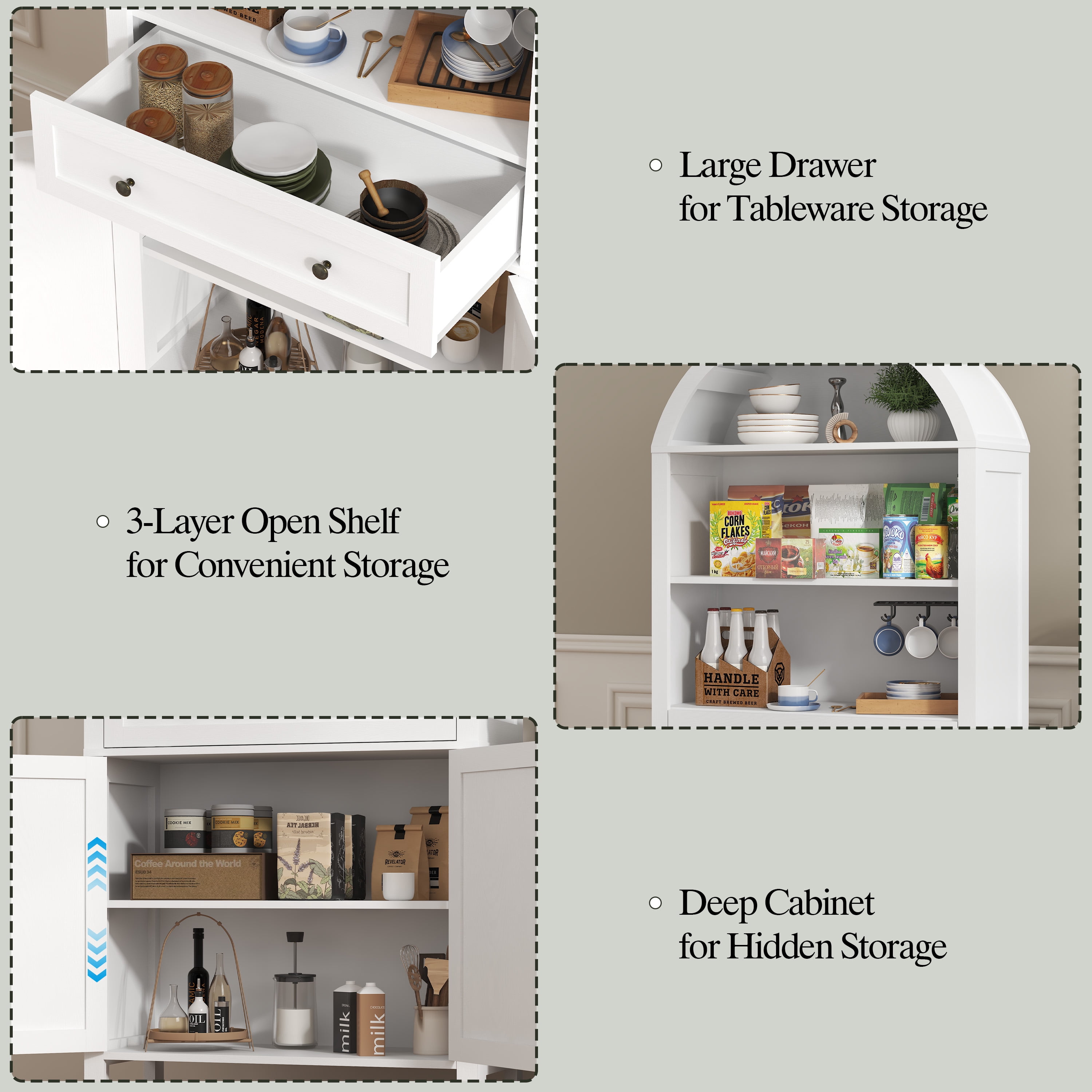 Arched Cabinet with Doors, 71" Tall Freestanding Pantry Cabinet with Large Drawer and 3 Tier Open Shelves, Farmhouse Wood Storage Cabinets, Versatile Cupboard for Kitchen and Dining Room, White