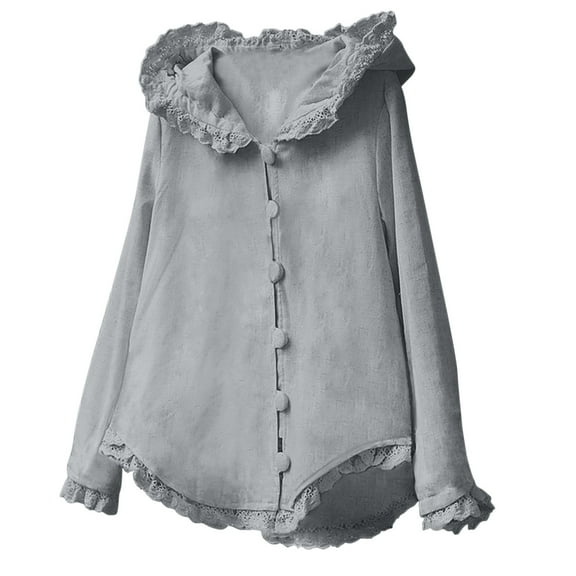 Womens Linen Slim Button Down Shirt Pullover Oversized Sweatshirt Solid Color Long Sleeve Top Fall Casual Hoodies (Gray L)
