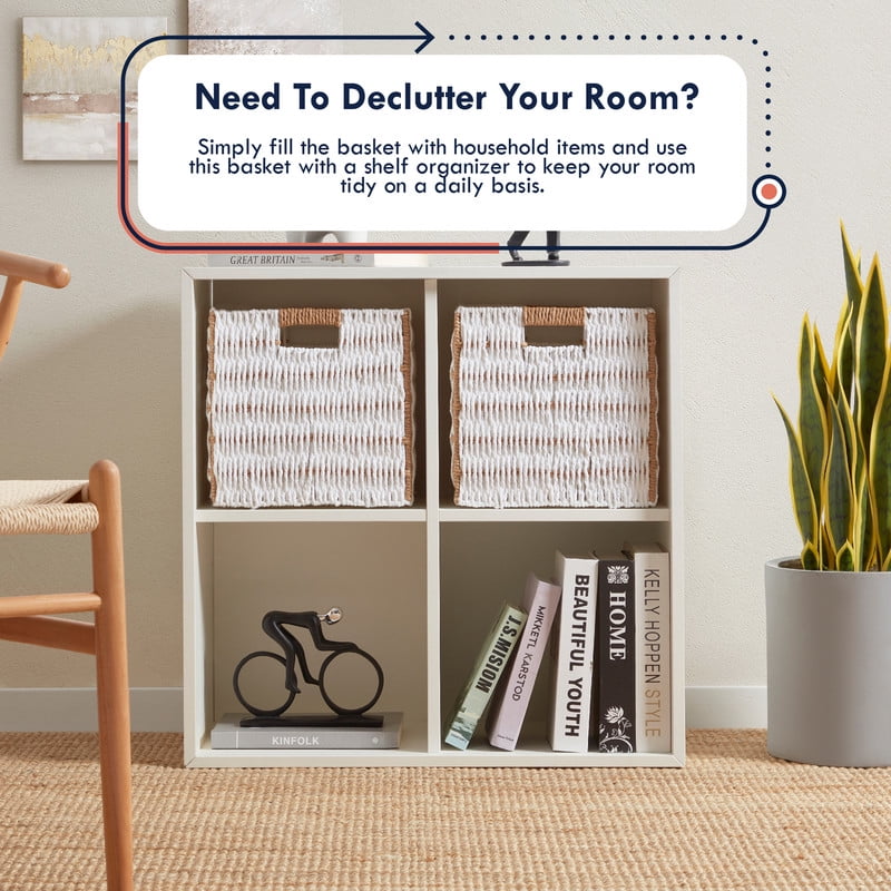 Ornavo Home Wicker Storage Cubes Bin, 13 x 13 Inch Storage Cubes Shelf Basket Collapsible Natural Hand Woven Paper Kallax Storage Cube Bin with Handles - Set of 6, White/Brown