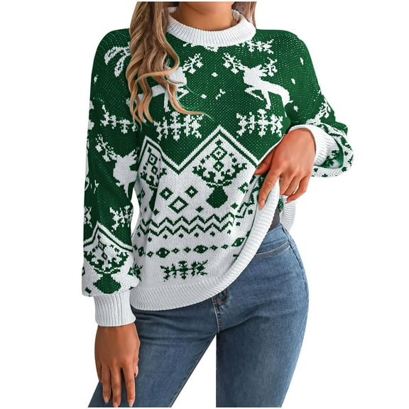 TFEOQRY Women's Christmas Sweater Pullover Christmas Printed Jacquard Round-Neck Knitwear Sweater Tops Green