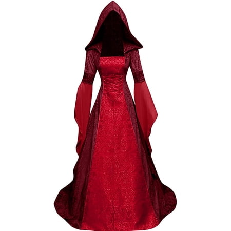 Halloween Witch Costume Women, Deluxe Witch Dress Costume, Vintage Embroidered Renaissance Gothic Hooded Vampire Gown Dress Cosplay Costumes Red S
