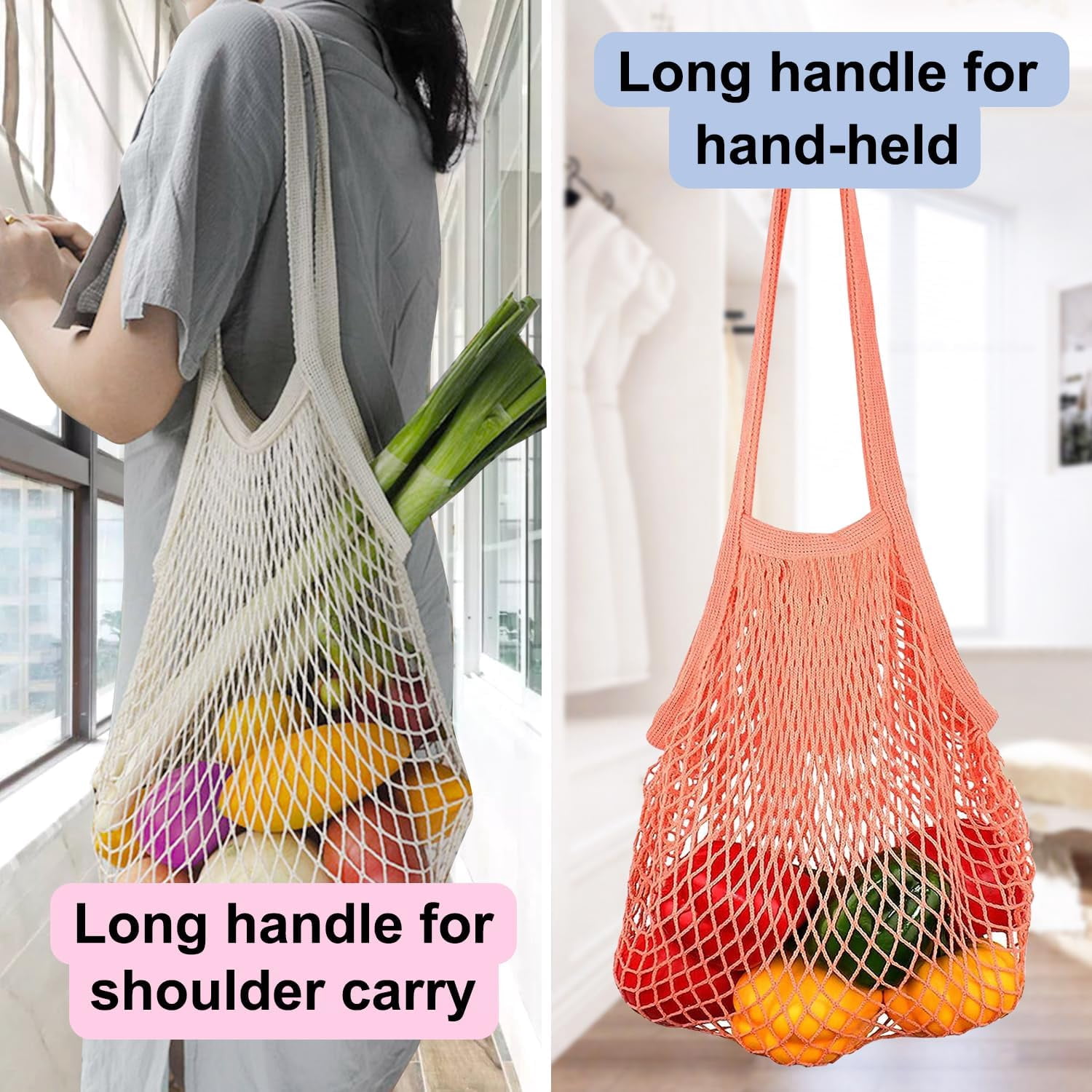 YEKEYI Net Shopping Bag Reusable Grocery Bags Net Storage Bag Long Handle Cotton Mesh Net Tote Bag Fruit Vegetable Net Bags Organizer