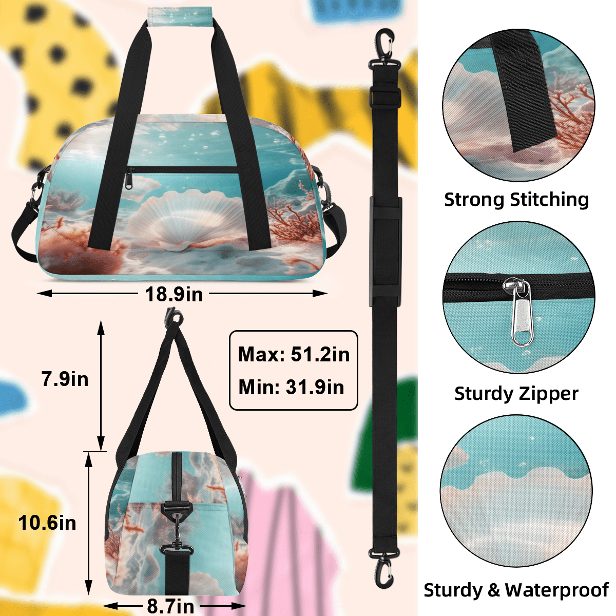 Herdesigns Nautical Coastal Sports Duffle Bag for Women & Men, Ocean Beach Seashell Gym Bag Dance Bag Overnight Bag Carry On Weekender Travel Bag