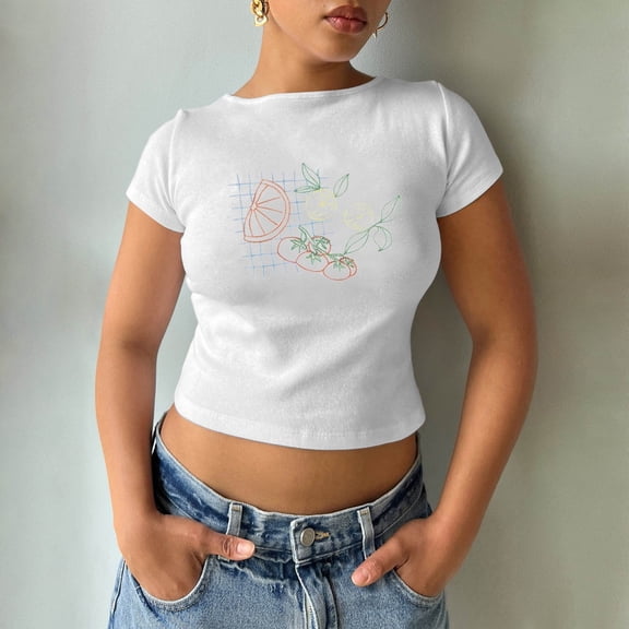 Trendfront Womens Crop Top Crewneck Novelty Pattern Graphic Printed Short Sleeve T Shirts Y2K Fashion Casual Streetwear Short Baby Tee