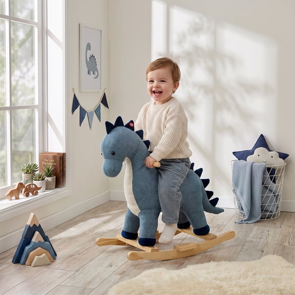 Qaba Baby Rocking Horse, Dinosaur Kids Ride on Horse with Realistic Sound, Interactive Toy Pretend Play Toy for Toddlers 12-36 Months, Dark Blue