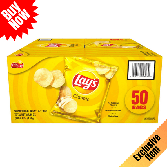 Lay’s Classic Potato Chips, Single Serve Snack Bags, 1 oz, 50 Count