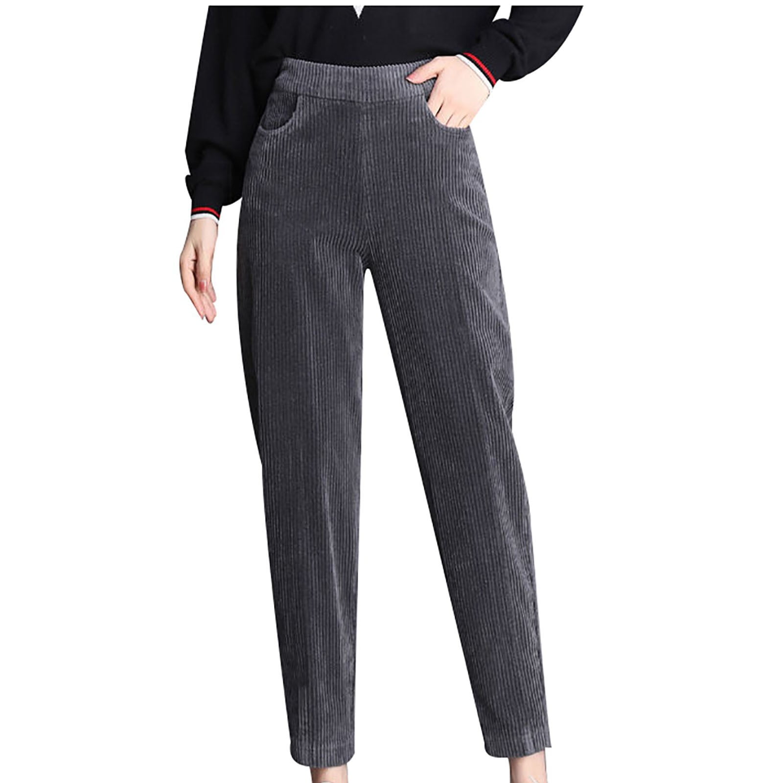 Fesfesfes Fashion Women Winter Pant Plus Size Plush Lamb Solid Color Stripe  Wool Corduroy Loose Pants Clearance Under $10