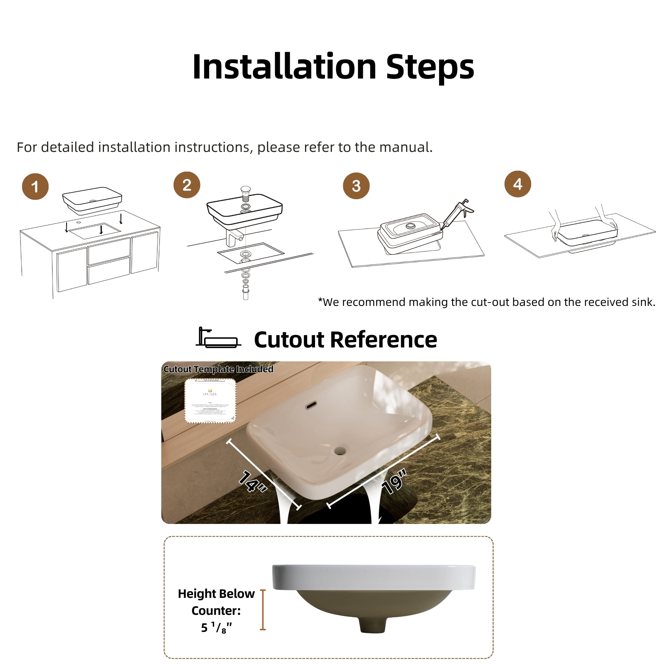 Los Flexi 22 in x 17 in White Rectangular Semi Recessed Bathroom Sink with Overflow Drop In Installation