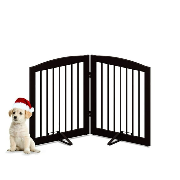 Freestanding Pet Gate for Dogs, Foldable Wooden Dog Gate for House, Indoor Pet Barrier for Stairs, Doorways, Support Feet Included, 24" Height 2 Panels, Brown