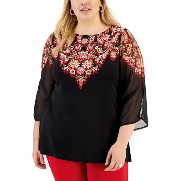 Plus Size Printed Split-Sleeve Tunic Deep Black Combo 2X